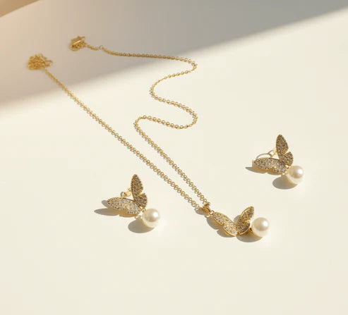 Elegant Butterfly Pearl Jewelry Set β Necklace & Earrings