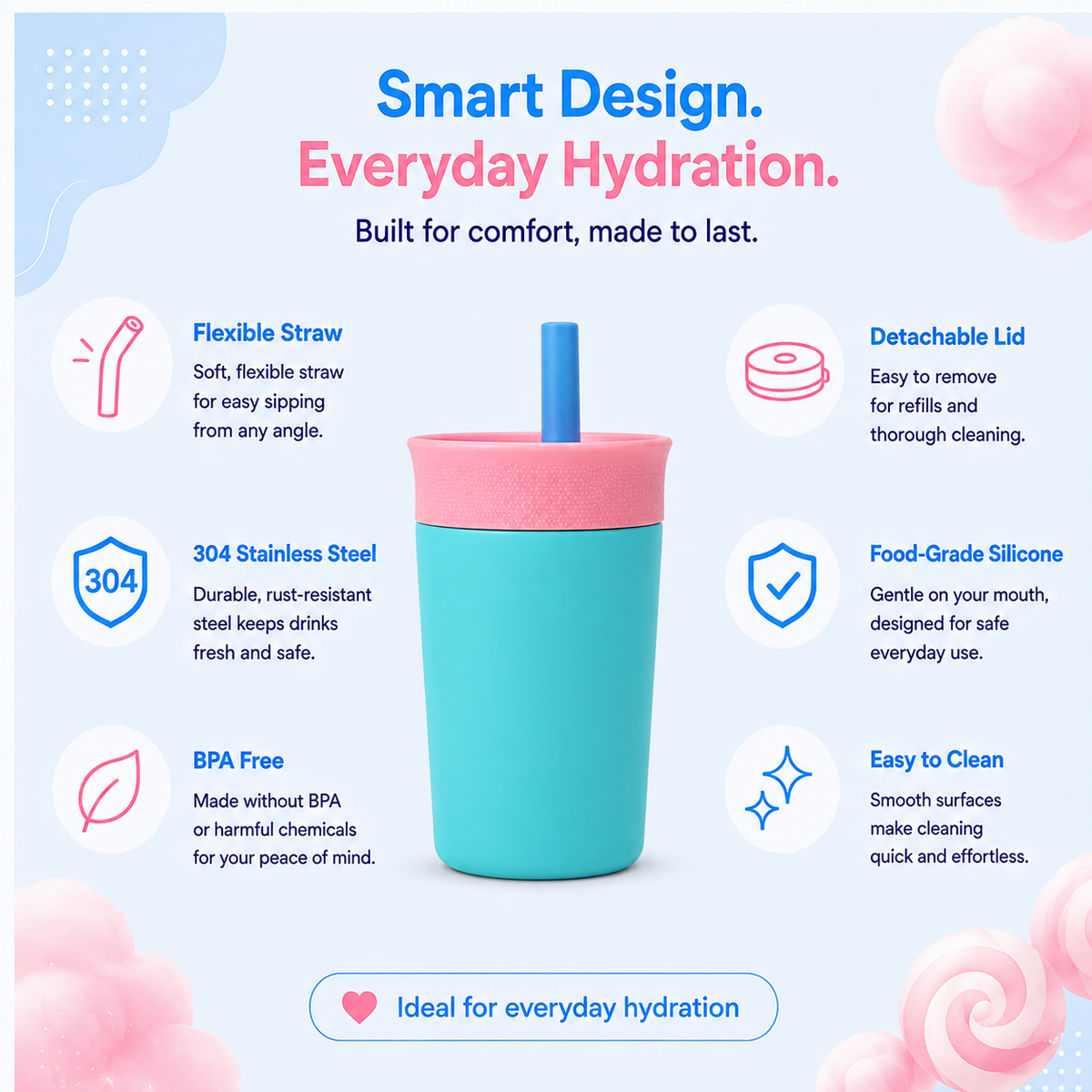 Cotton Candy - Pink - Kids Stainless Steel Straw Tumbler 12oz (360ml)