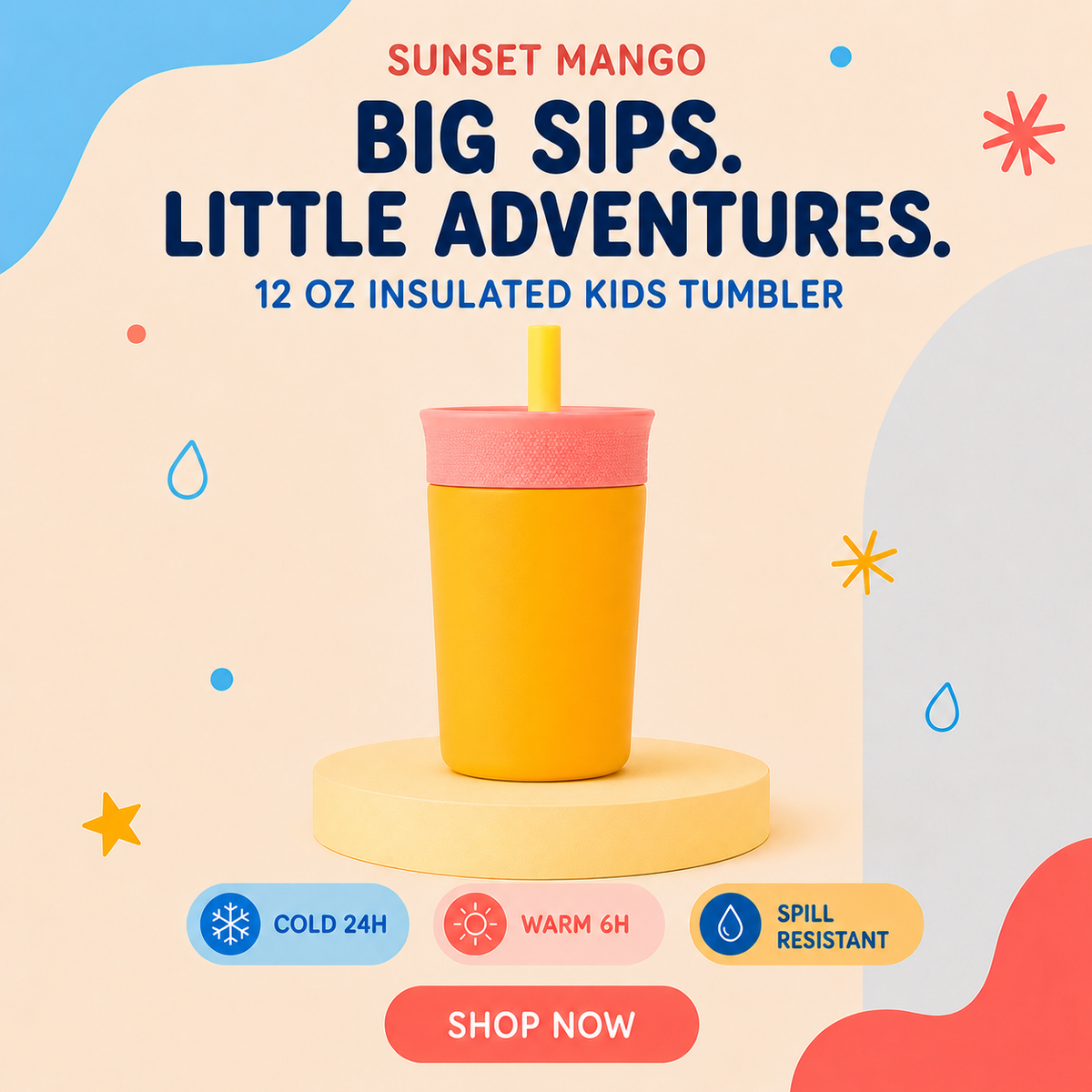 Sunset Mango - Yellow and Pink - Kids Stainless Steel Straw Tumbler 12oz (360ml)
