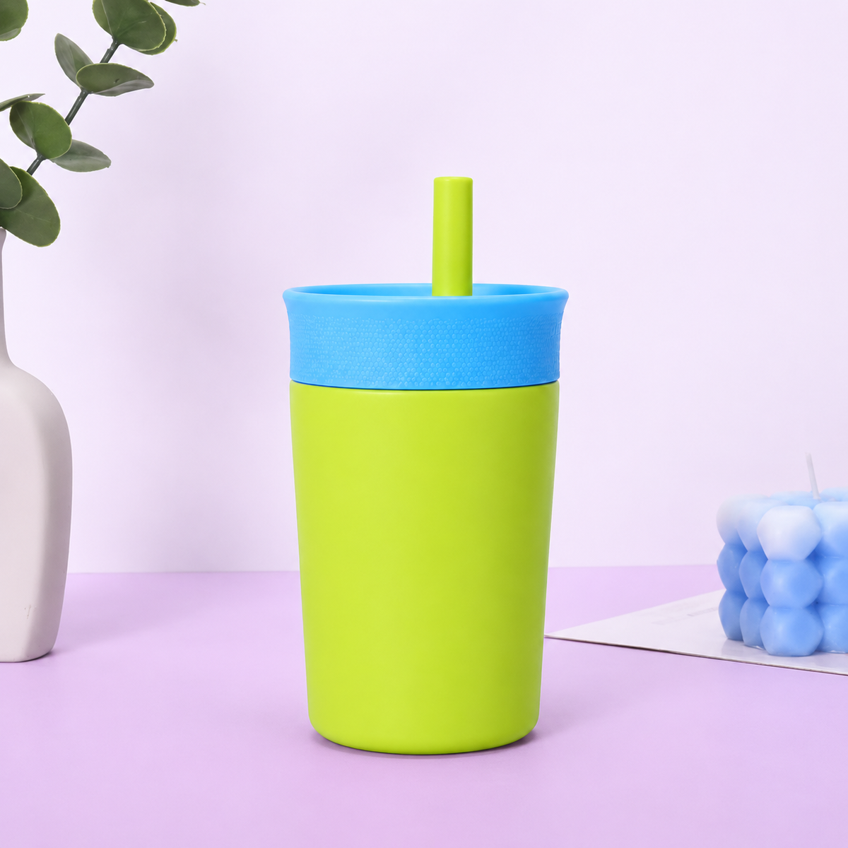 Tropical Splash - Green and Sky Blue - Kids Stainless Steel Straw Tumbler 12oz (360ml)