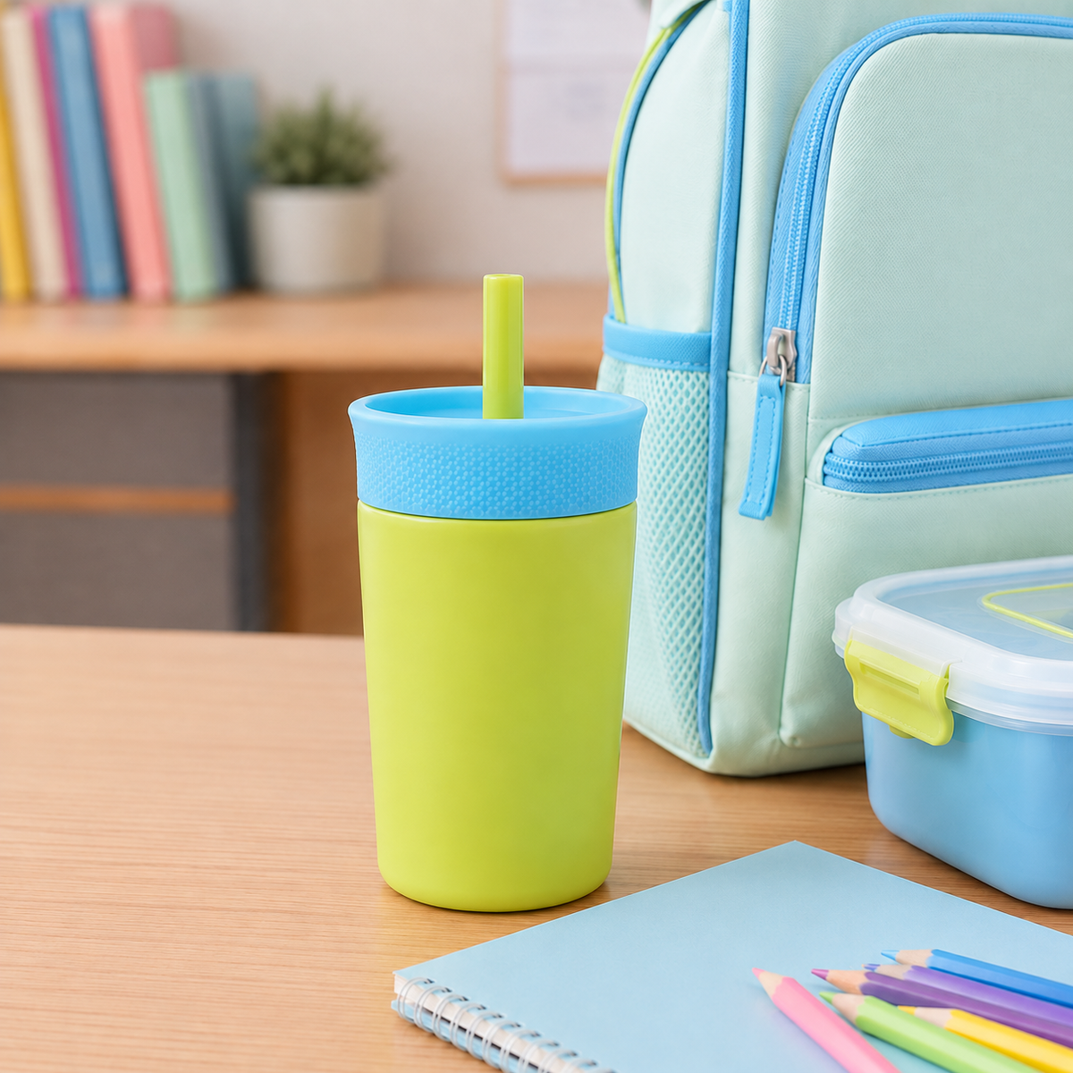 Tropical Splash - Green and Sky Blue - Kids Stainless Steel Straw Tumbler 12oz (360ml)