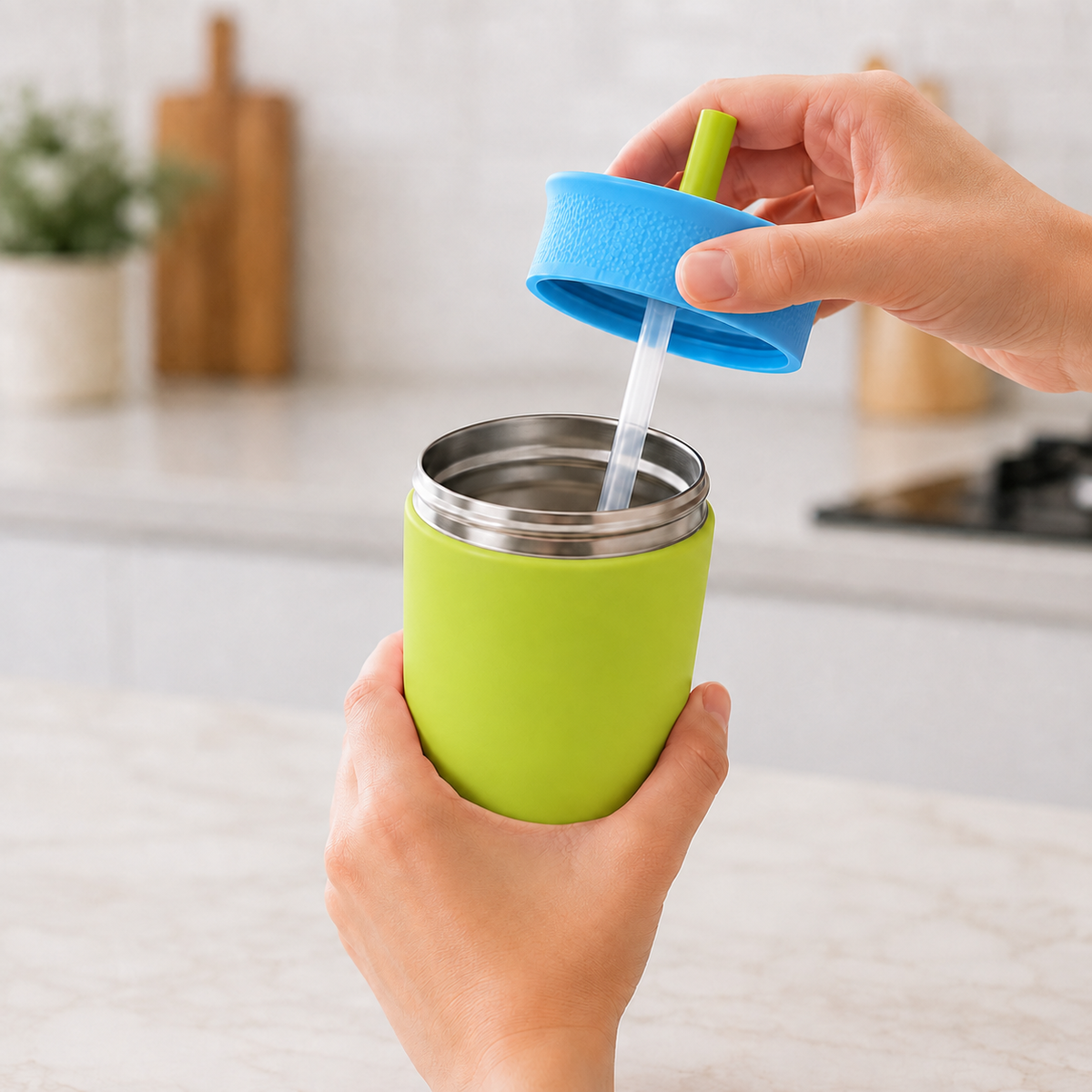 Tropical Splash - Green and Sky Blue - Kids Stainless Steel Straw Tumbler 12oz (360ml)
