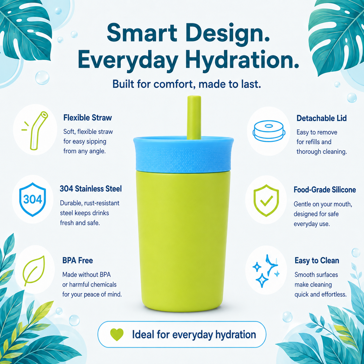 Tropical Splash - Green and Sky Blue - Kids Stainless Steel Straw Tumbler 12oz (360ml)