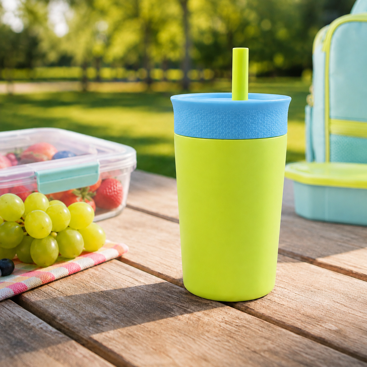 Tropical Splash - Green and Sky Blue - Kids Stainless Steel Straw Tumbler 12oz (360ml)