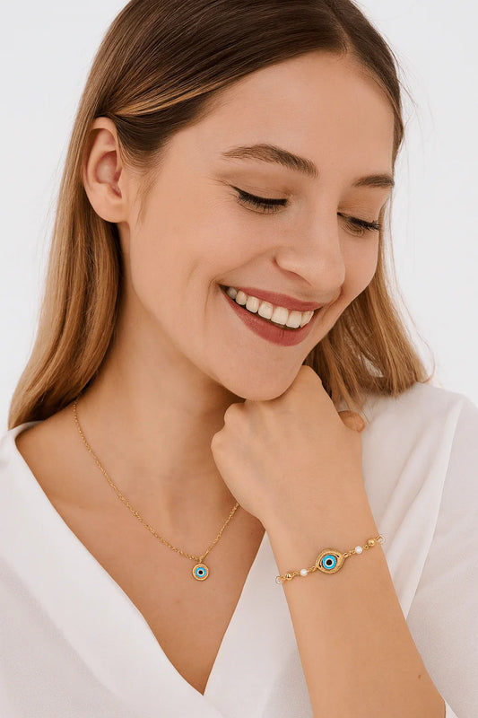 💙 Pearl Beaded Evil Eye Bracelet – Protection • Elegance • Everyday Style
